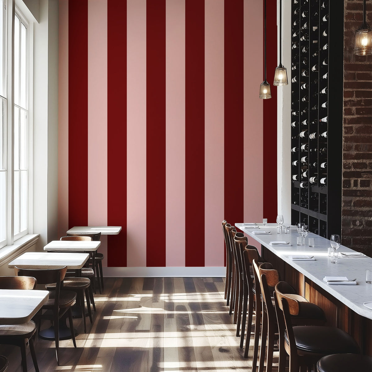 Extra-Wide Stripe Wallpaper – Maroon & Blush styled in a boutique hospitality interior