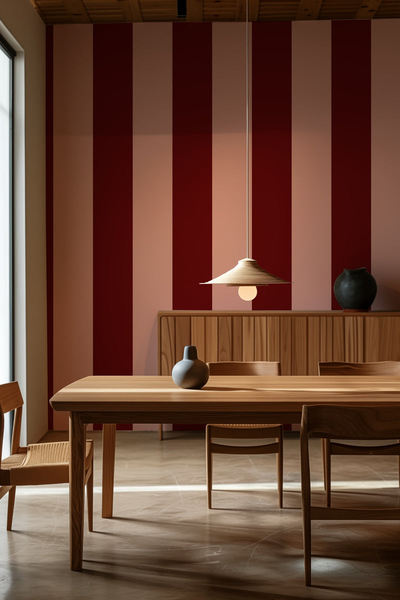 Classic Stripes wallpaper in Maroon & Blush styled in a rich kitchen and dining space