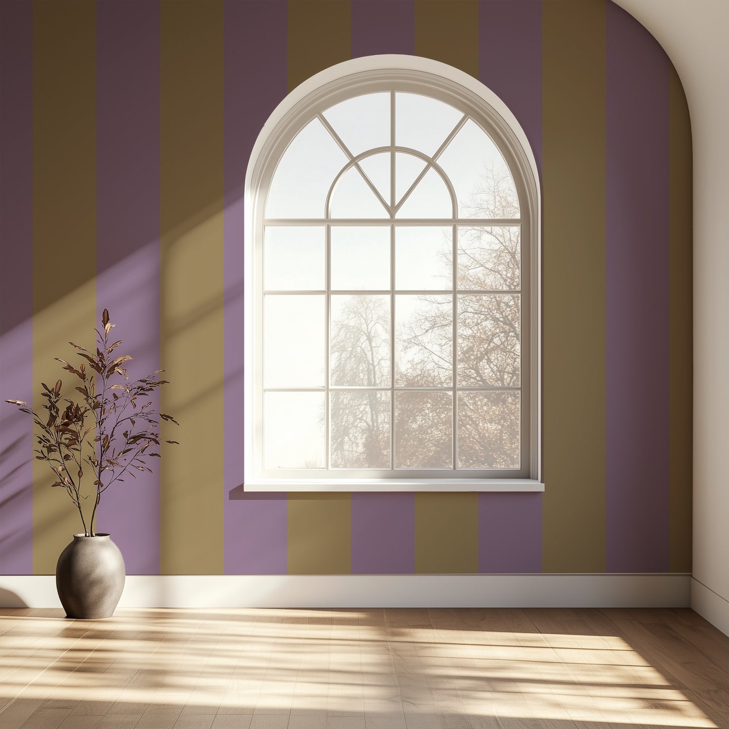 Extra-Wide Stripe Wallpaper – Mauve & Tan styled in a refined home office and hallway