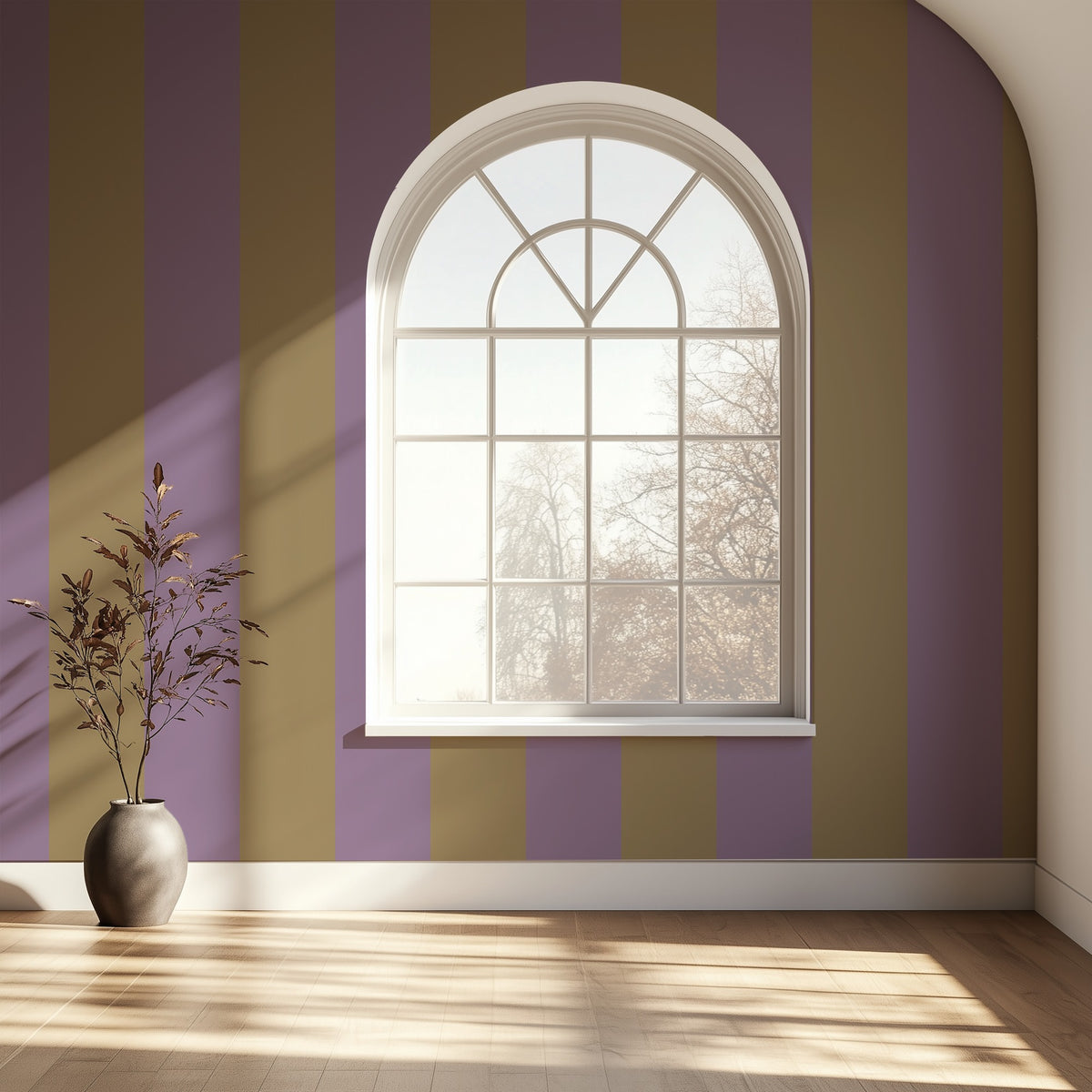 Extra-Wide Stripe Wallpaper – Mauve & Tan styled in a refined home office and hallway