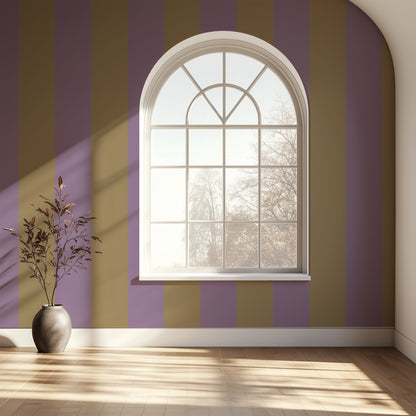 Extra-Wide Stripe Wallpaper – Mauve & Tan styled in a refined home office and hallway