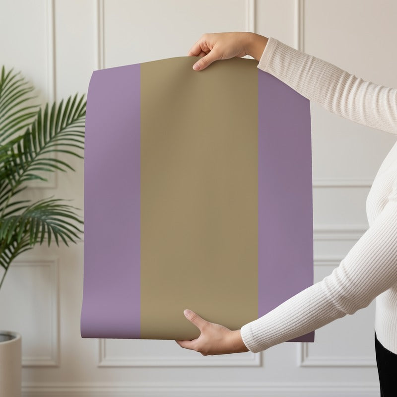 Extra-Wide Stripe Wallpaper roll in Mauve & Tan – dusky mauve stripe on a warm tan ground