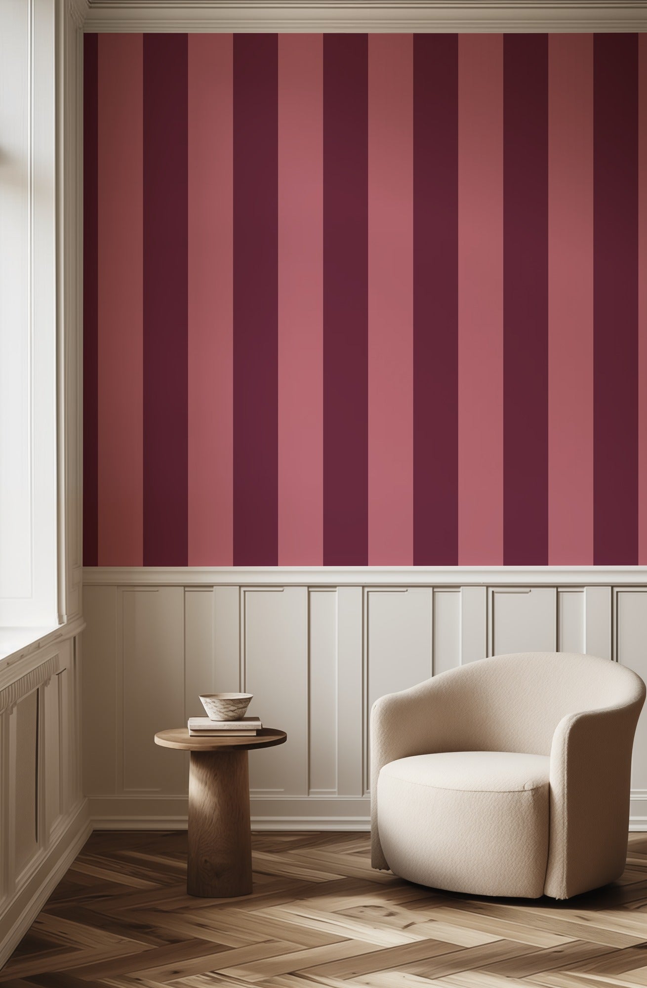 Extra-Wide Stripe Wallpaper – Merlot & Blush styled in a refined home office and hallway nook