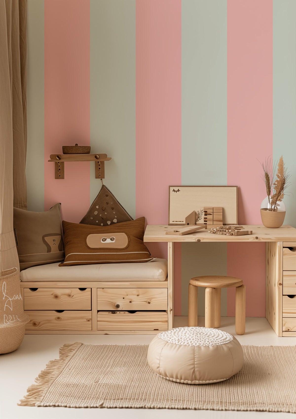 Extra-Wide Stripe Wallpaper – Mint & Blush styled in a playful nursery and kids' room
