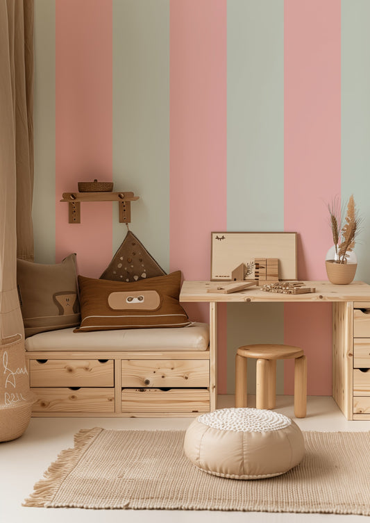 Extra-Wide Stripe Wallpaper – Mint & Blush styled in a playful nursery and kids' room