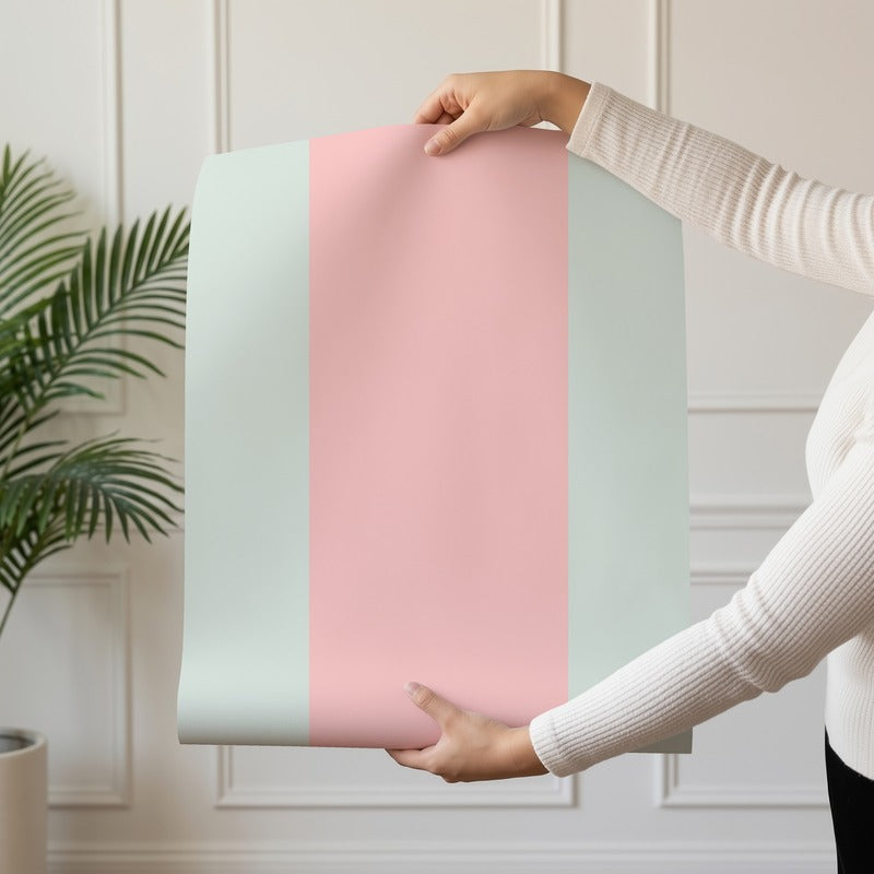 Extra-Wide Stripe Wallpaper roll in Mint & Blush – fresh mint stripe on a soft blush ground