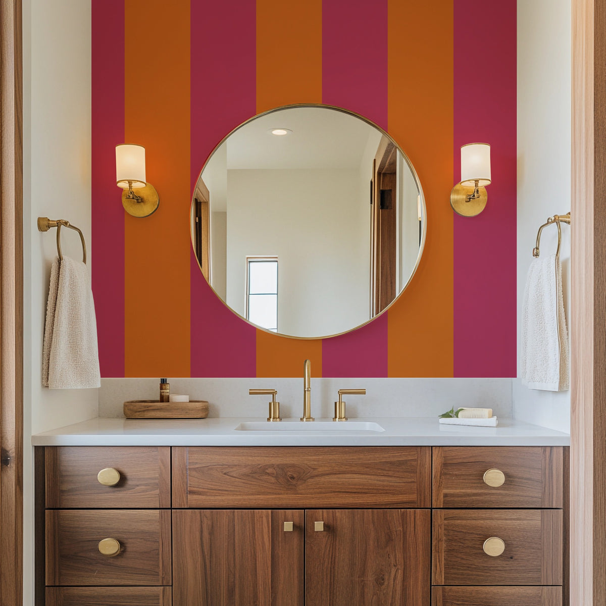 Extra-Wide Stripe Wallpaper – Pink & Tangerine styled in a bright bathroom and laundry space