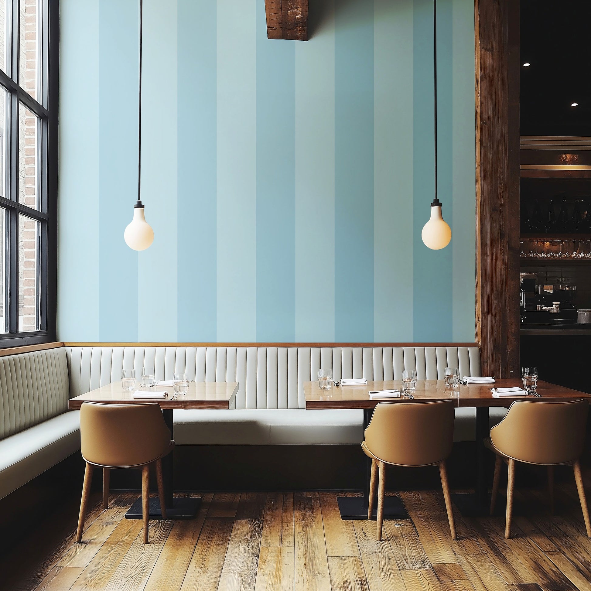 Extra-Wide Stripe Wallpaper in Powder & Sky styled in a boutique hospitality interior