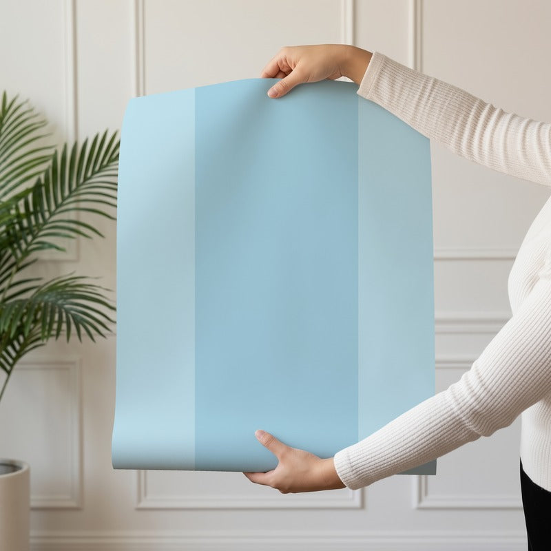 Extra-Wide Stripe Wallpaper roll in Powder & Sky – soft powder-blue stripe on a sky-blue ground