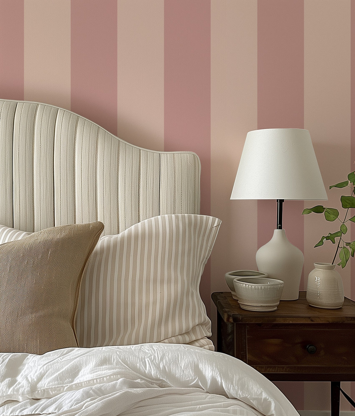 Extra-Wide Stripe Wallpaper – Rose & Cream styled in a soft, romantic bedroom