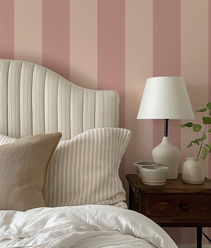 Extra-Wide Stripe Wallpaper – Rose & Cream styled in a soft, romantic bedroom