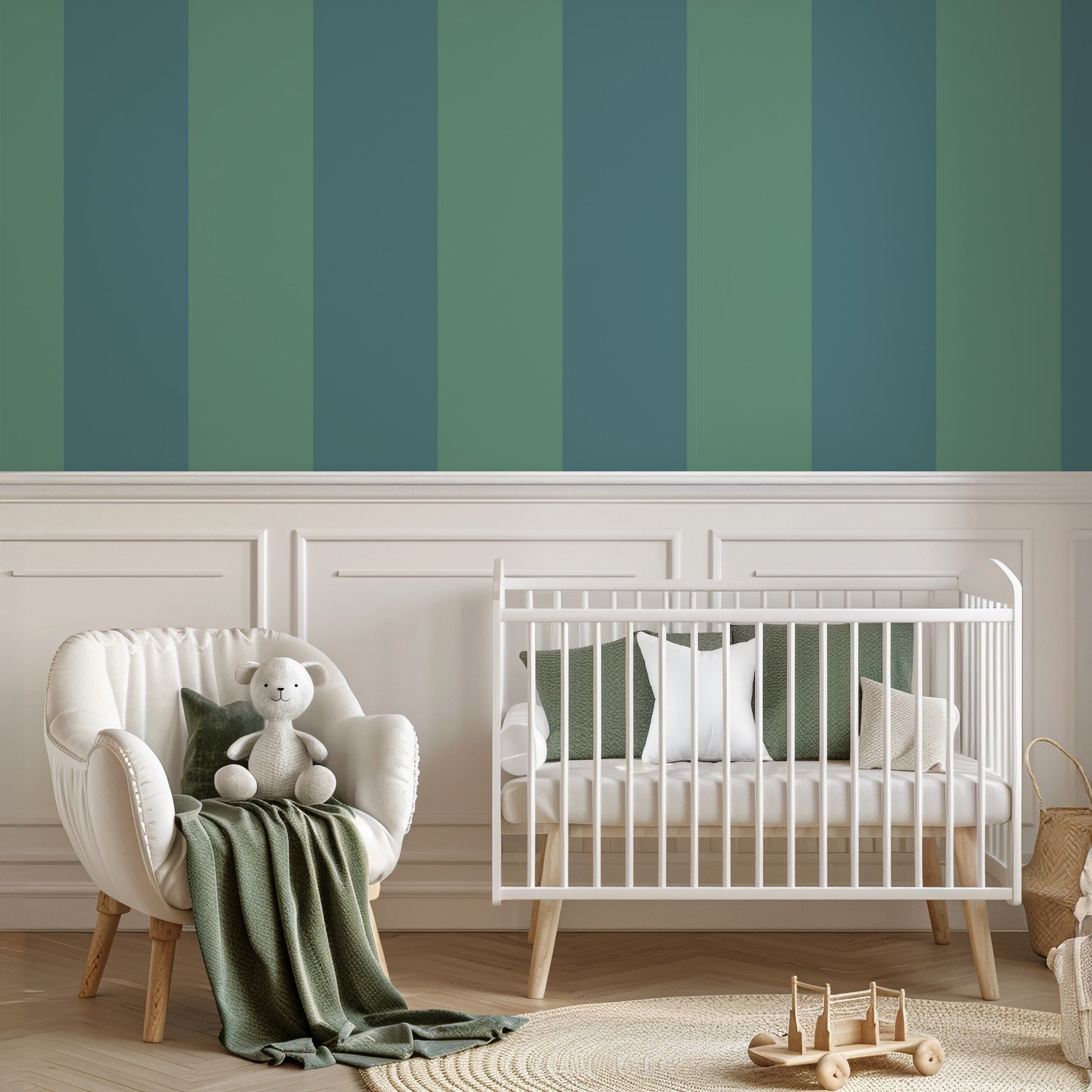 Extra-Wide Stripe Wallpaper – Sage & Teal styled in a fresh nursery and kids' room