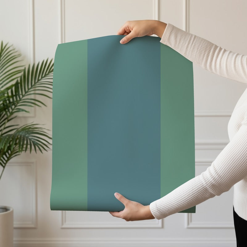 Extra-Wide Stripe Wallpaper roll in Sage & Teal – soft sage stripe on a cool teal ground