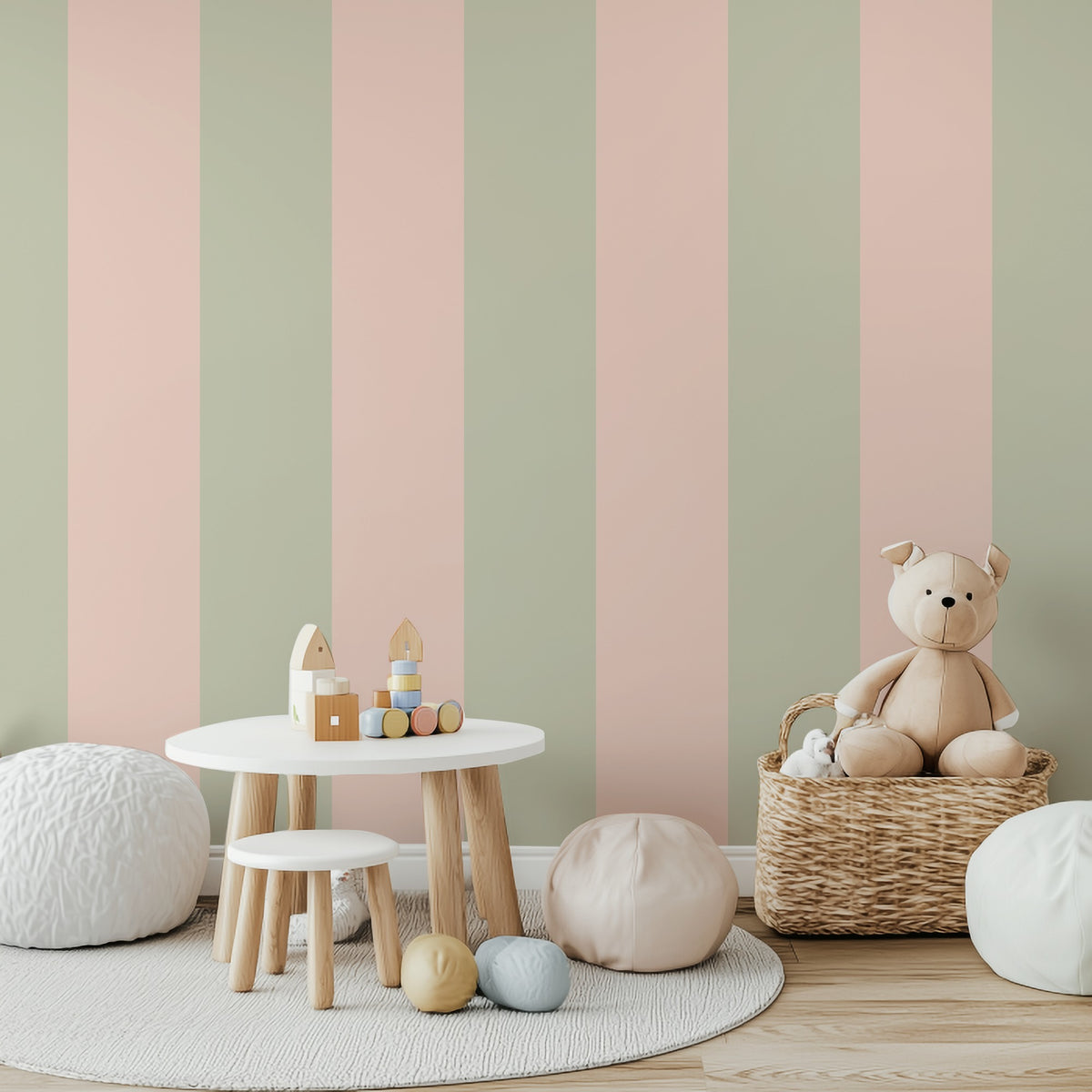 Extra-Wide Stripe Wallpaper – Sand & Cream styled in a warm nursery and kids' room
