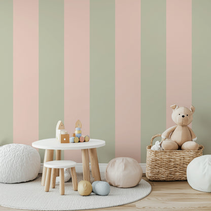 Extra-Wide Stripe Wallpaper – Sand & Cream styled in a warm nursery and kids' room