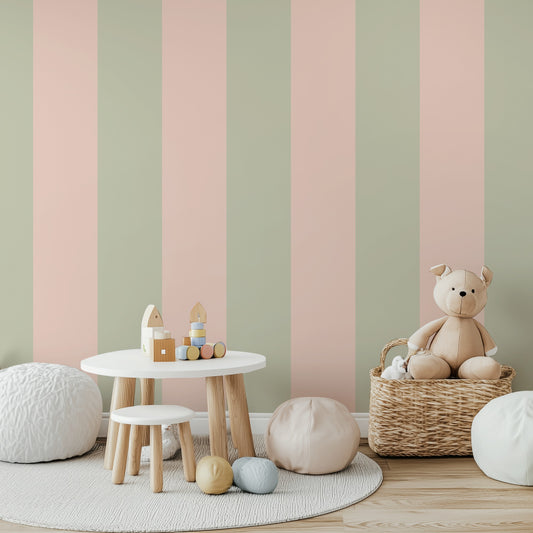 Extra-Wide Stripe Wallpaper – Sand & Cream styled in a warm nursery and kids' room