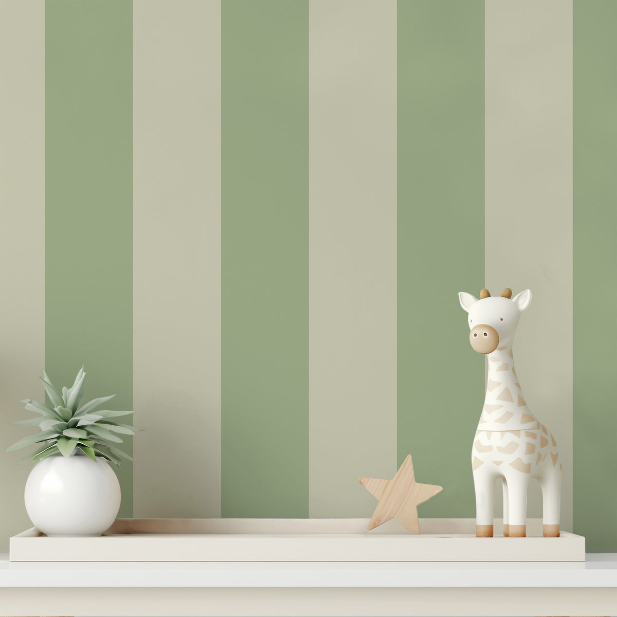 Extra-Wide Stripe Wallpaper – Sand & Sage styled in a calm nursery and kids' room