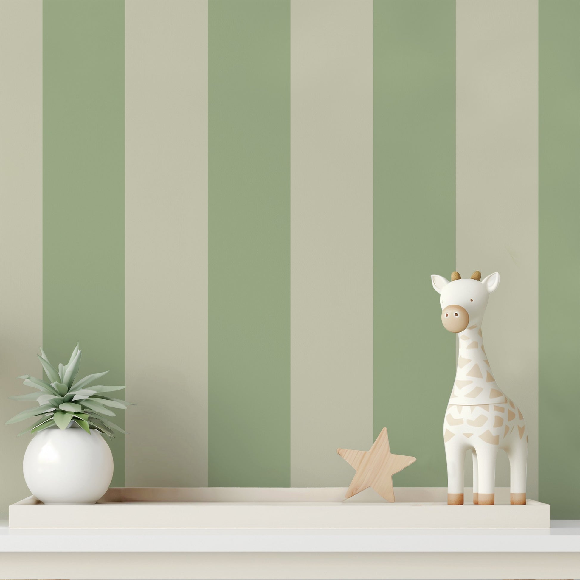 Extra-Wide Stripe Wallpaper – Sand & Sage styled in a calm nursery and kids' room