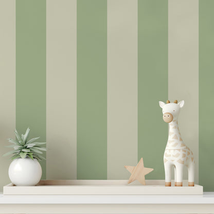 Extra-Wide Stripe Wallpaper – Sand & Sage styled in a calm nursery and kids' room