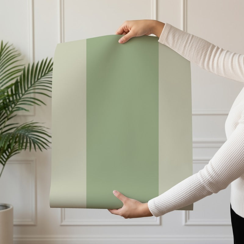 Extra-Wide Stripe Wallpaper roll in Sand & Sage – warm sand stripe on a soft sage ground