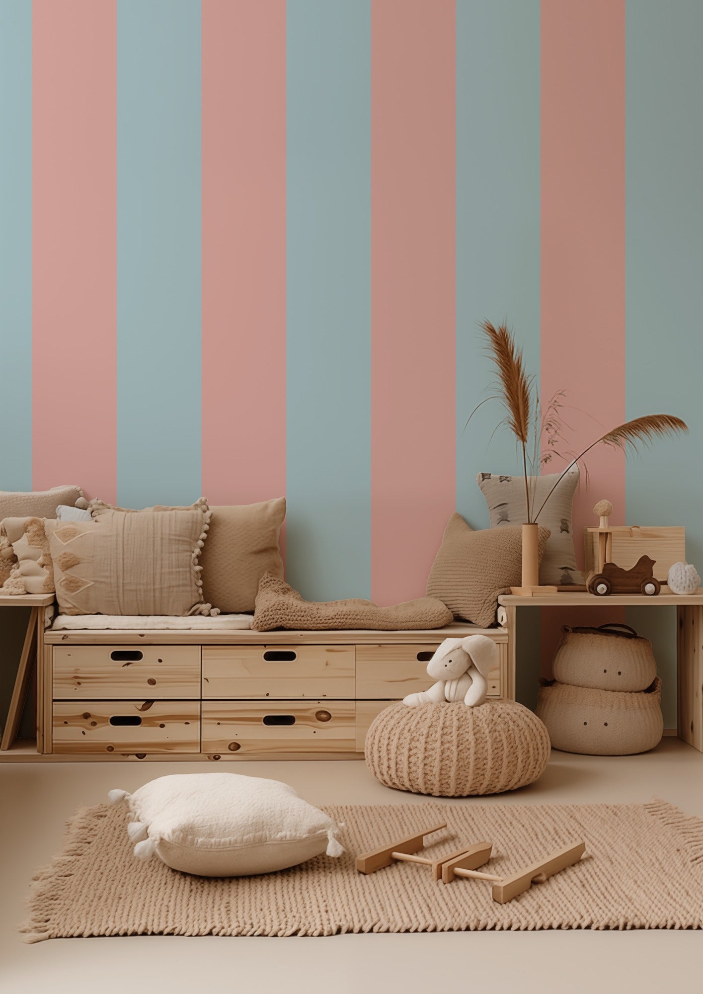 Extra-Wide Stripe Wallpaper – Sky & Blush styled in a gentle nursery and kids' room