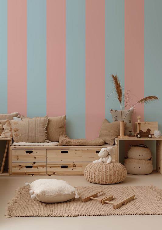 Extra-Wide Stripe Wallpaper – Sky & Blush styled in a gentle nursery and kids' room