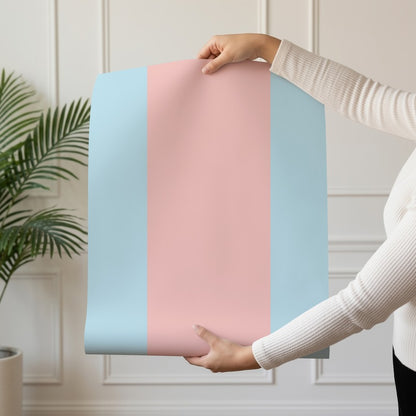 Extra-Wide Stripe Wallpaper roll in Sky & Blush – soft sky-blue stripe on a delicate blush ground