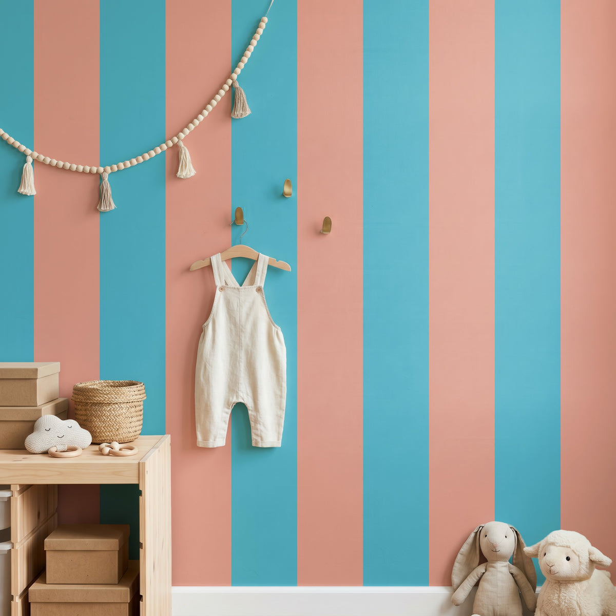 Extra-Wide Stripe Wallpaper – Sky & Coral styled in a cheerful nursery and kids' room