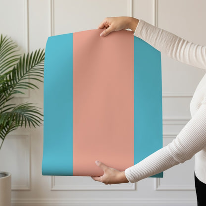Extra-Wide Stripe Wallpaper roll in Sky & Coral – sky-blue stripe on a lively coral ground