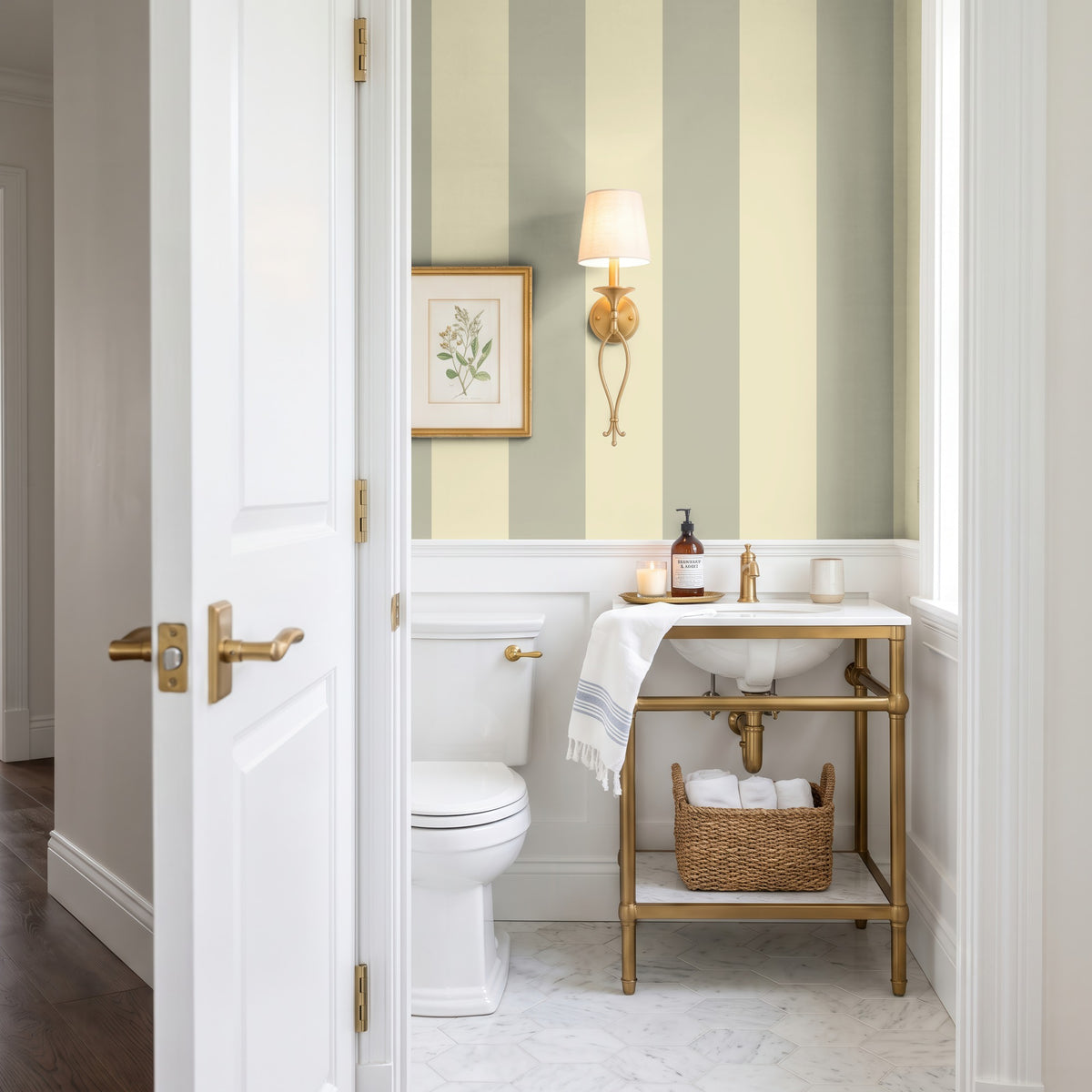 Extra-Wide Stripe Wallpaper in Stone & Cream styled in a calm bathroom and laundry space