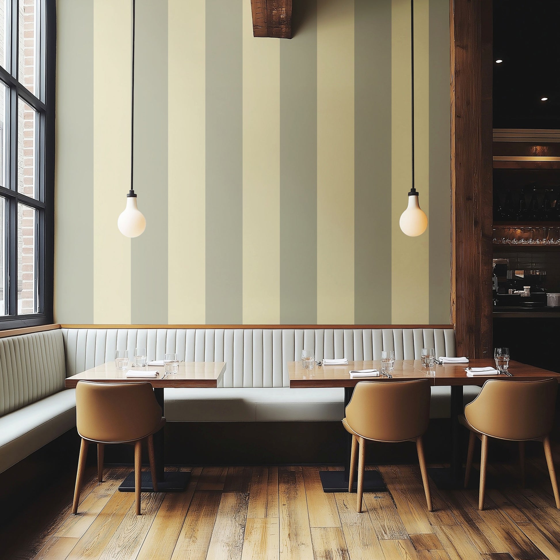 Extra-Wide Stripe Wallpaper – Stone & Cream styled in a refined hospitality interior