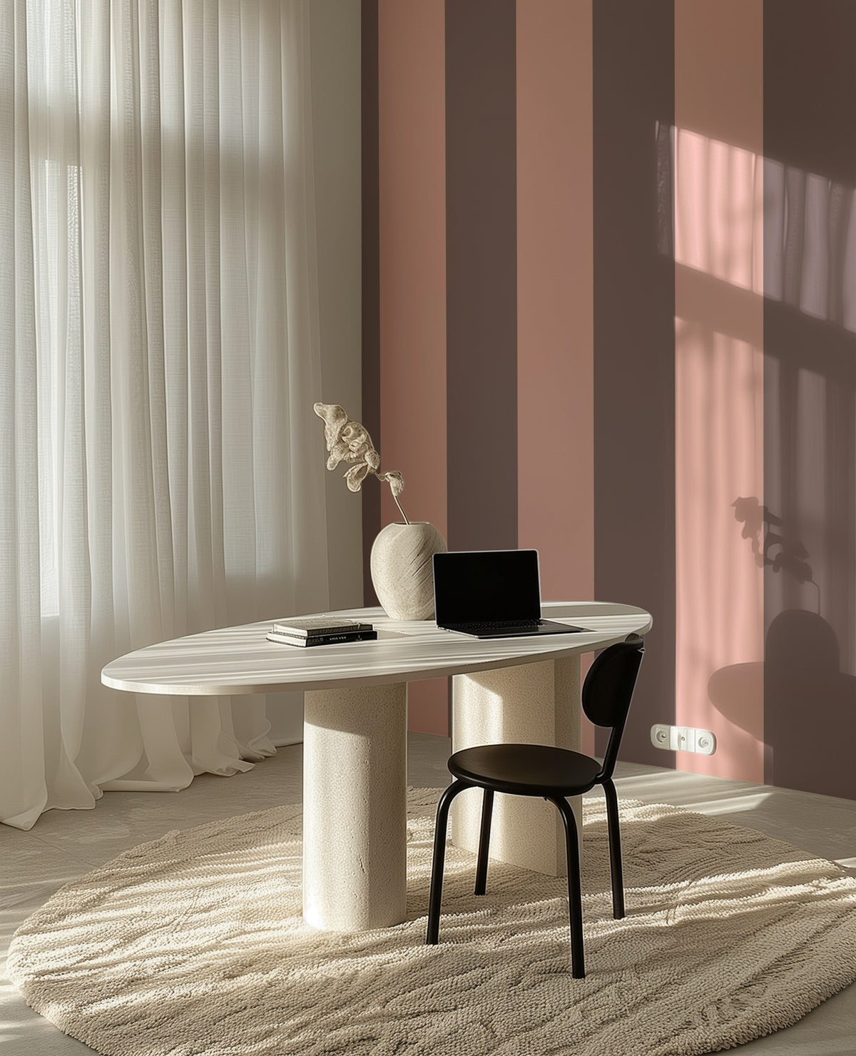Extra-Wide Stripe Wallpaper – Taupe & Blush styled in a refined home office and hallway