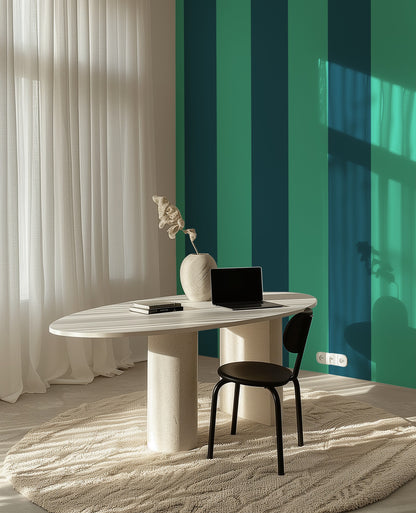 Extra-Wide Stripe Wallpaper – Teal & Navy styled in a refined home office and hallway