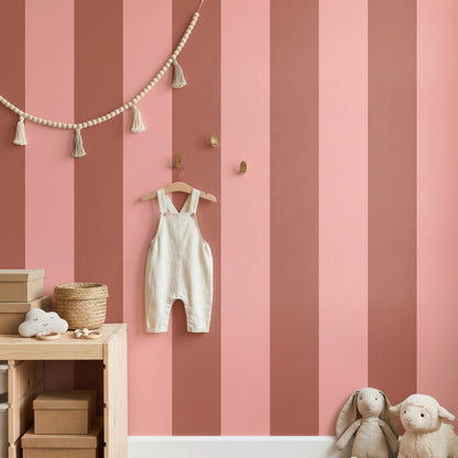 Extra-Wide Stripe Wallpaper – Terracotta & Peach styled in a warm nursery and kids' room