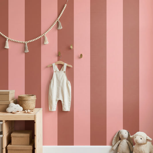 Extra-Wide Stripe Wallpaper – Terracotta & Peach styled in a warm nursery and kids' room