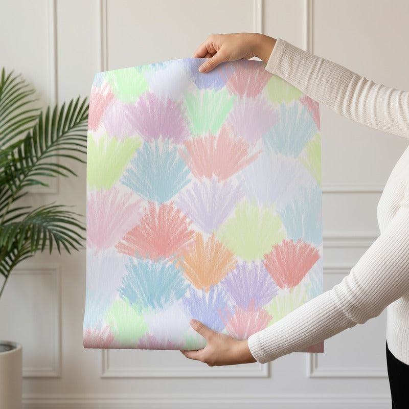 Confetti Fans wallpaper roll drop showing the multicolour pastel confetti fans repeat