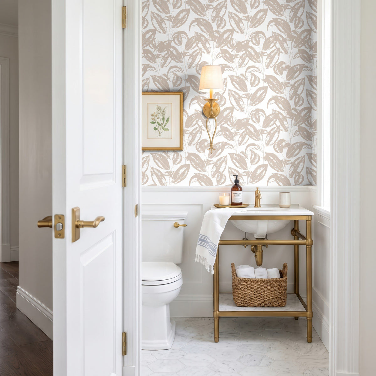 Cream Leaves neutral cream botanical leaf wallpaper in a bathroom
