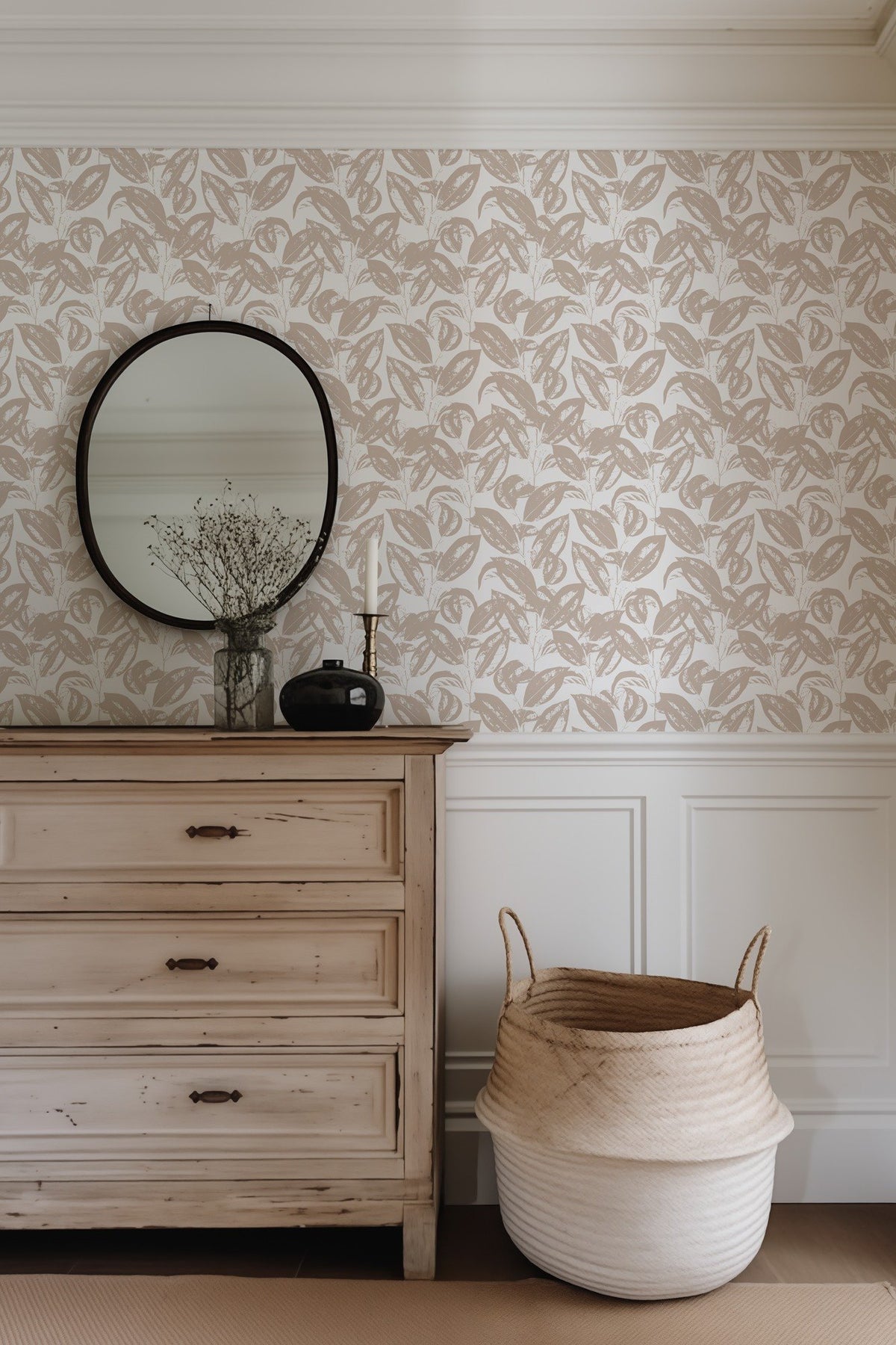Cream Leaves neutral cream botanical leaf wallpaper in a bedroom