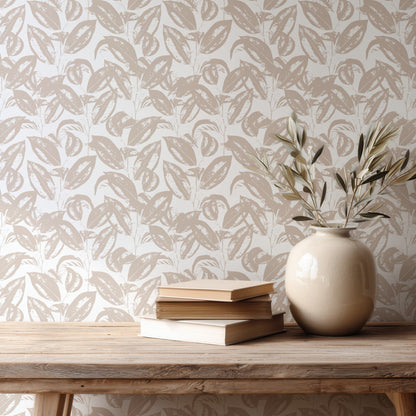 Cream Leaves neutral cream botanical leaf wallpaper in a home office