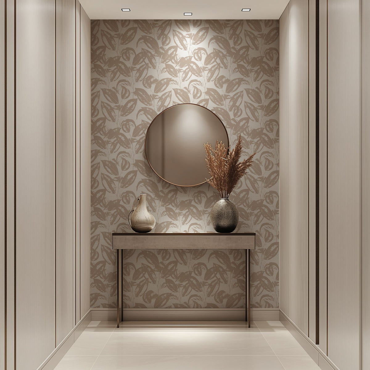 Cream Leaves neutral cream botanical leaf wallpaper in a home office