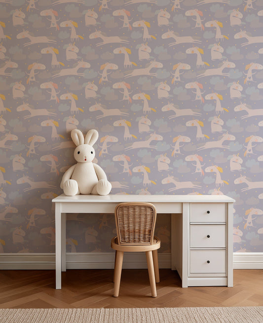 Cute Unicorns Wallpaper soft lilac kids wallpaper with illustrated unicorn motifs in a nursery