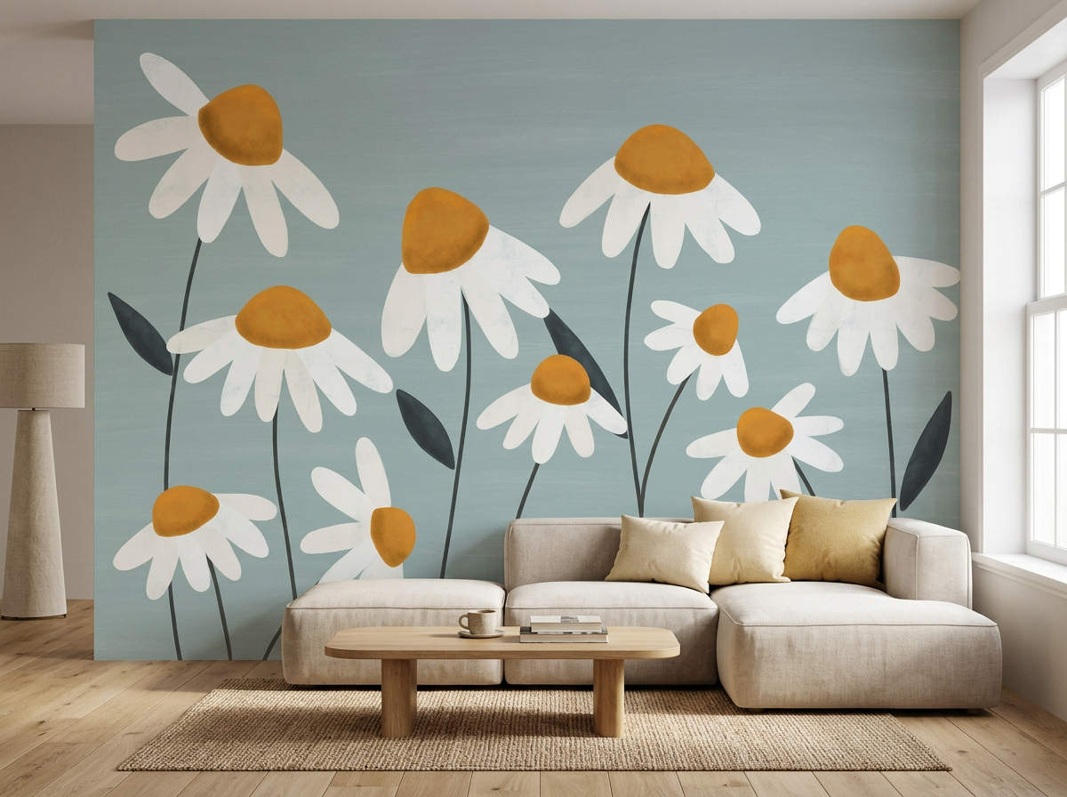 Daisy Vale daisy mural behind a cream sofa in a family living room