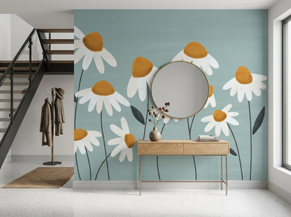 Daisy Vale mural in an entrance hall with a console table, round mirror and staircase