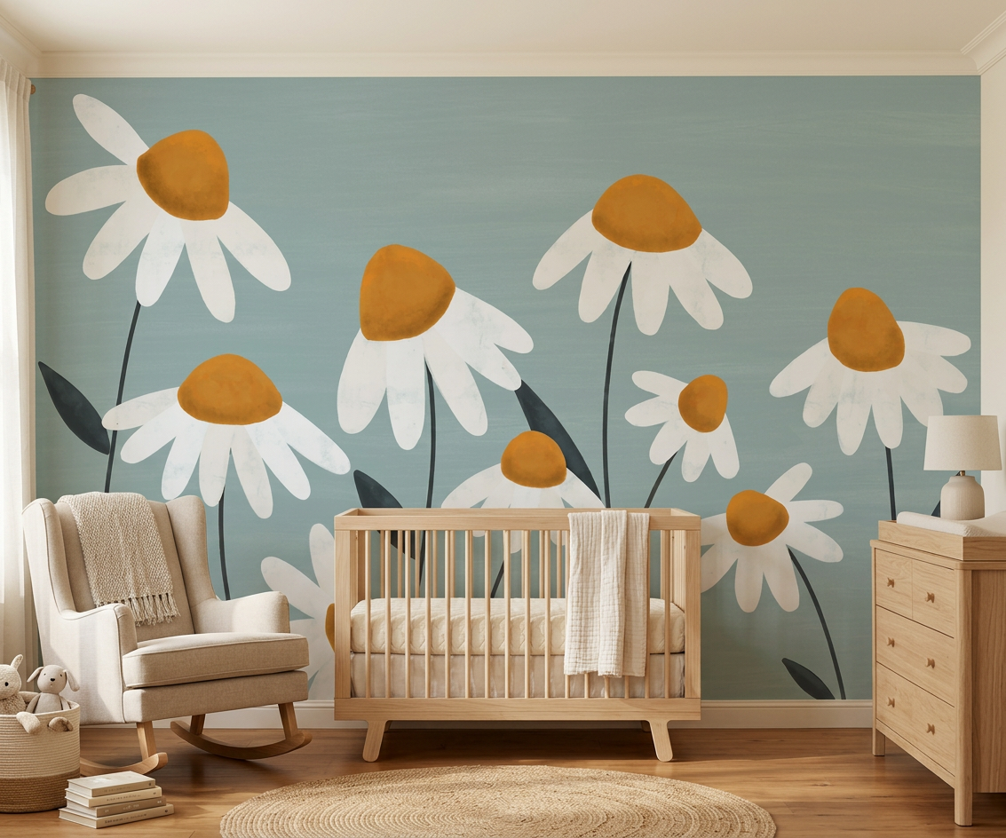 Daisy Vale daisy wall mural in a nursery with a wooden cot and rocking chair