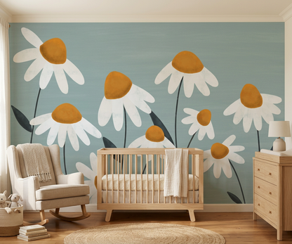 Daisy Vale daisy wall mural in a nursery with a wooden cot and rocking chair