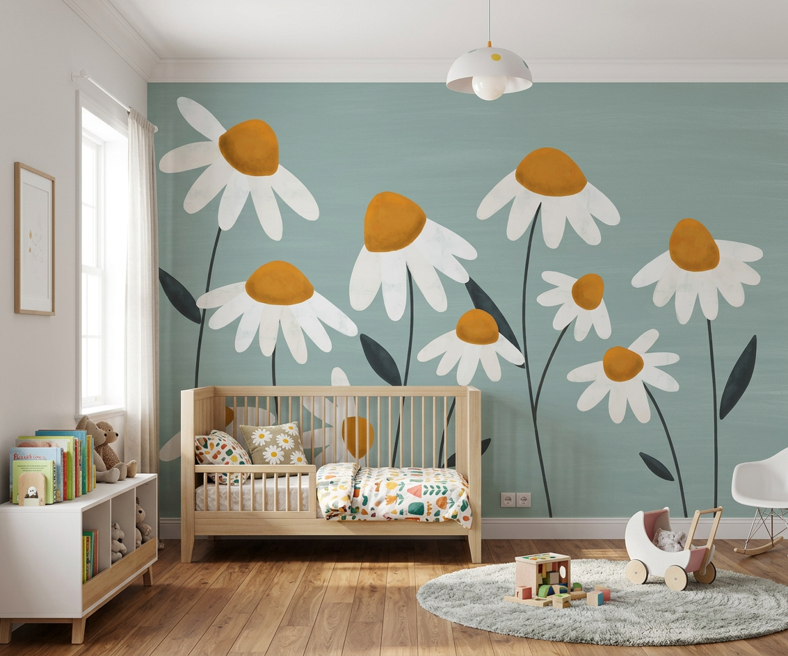 Daisy Vale mural behind a low wooden cot and bookshelf in a nursery