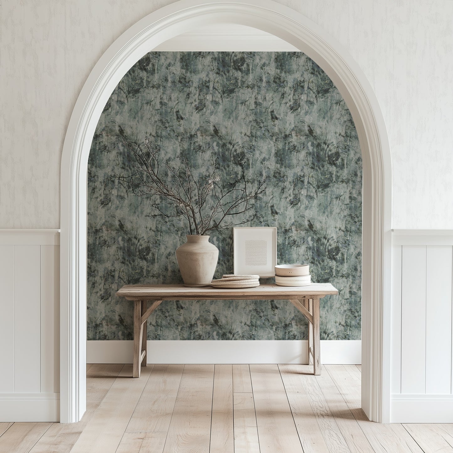 Dark Gray Texture weathered concrete-effect wallpaper in deep slate grey in an entrance hall