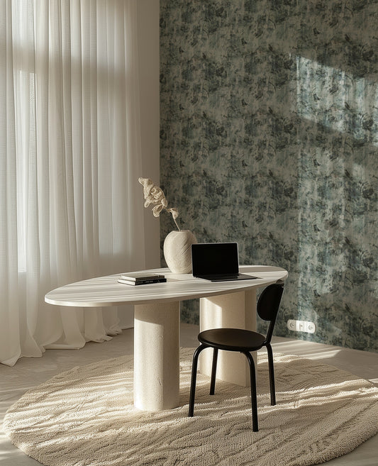 Dark Gray Texture weathered concrete-effect wallpaper in deep slate grey in a home office