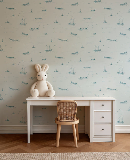Drifting Boats coastal minimalist sailboat wallpaper in a nursery