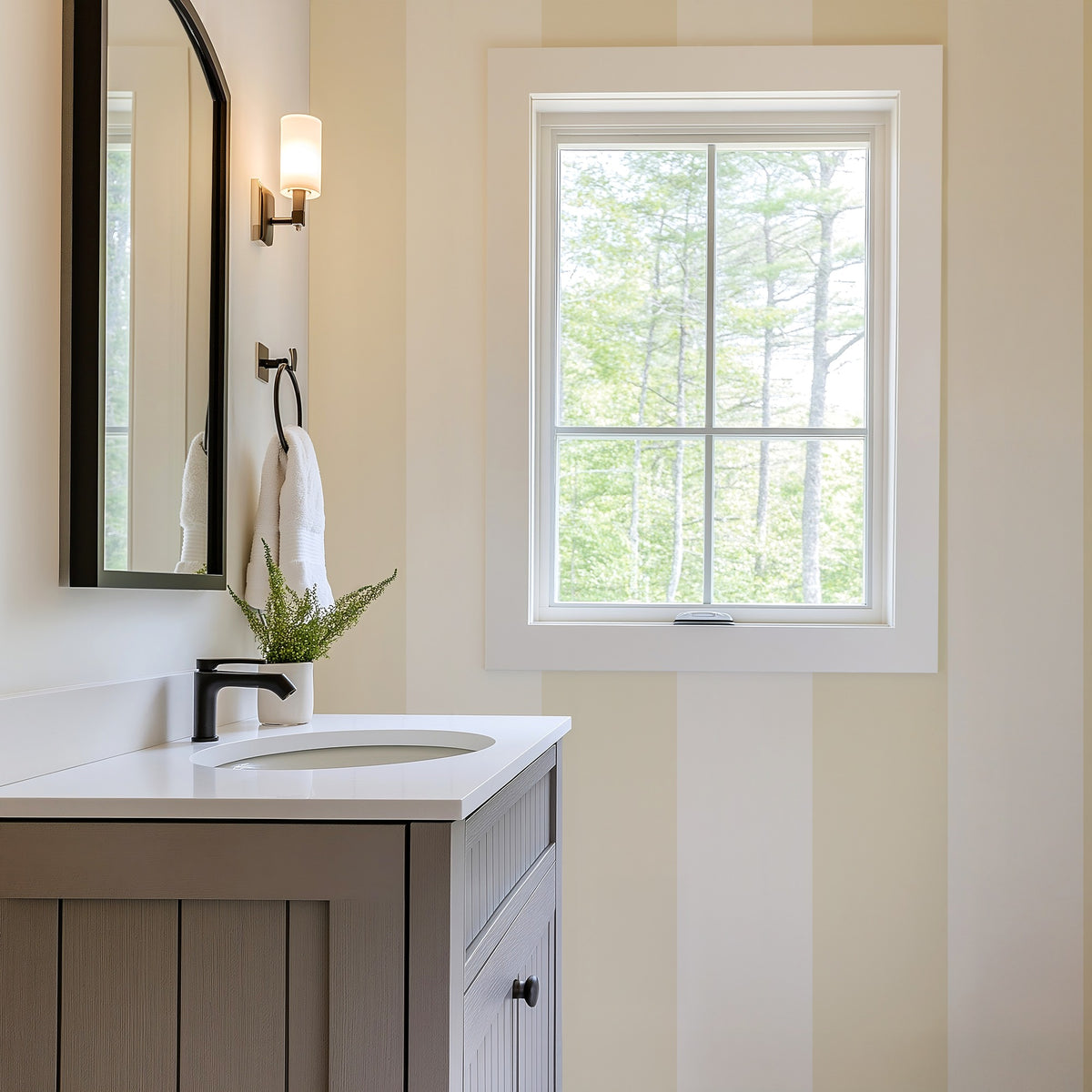 Buttercream & Warm Ivory – Extra-Wide Stripe Wallpaper styled in a bathroom